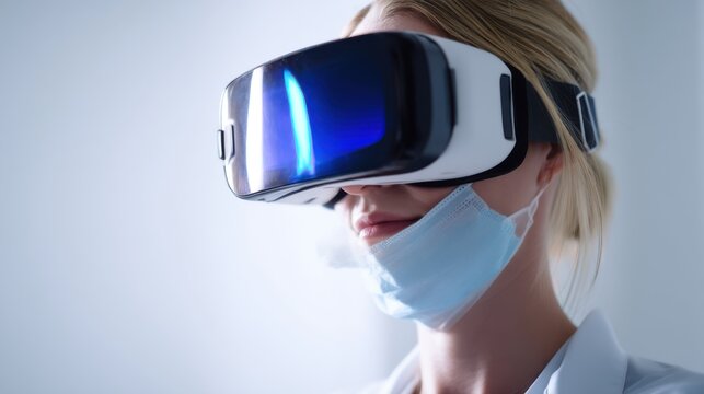 Immersed in the future of healthcare: A doctor explores virtual reality with a mask, enhancing medical innovation and patient care through cutting-edge technology.