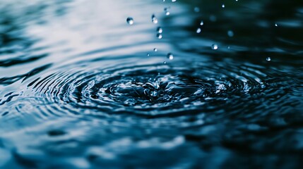 Blue Water Surface With Droplets Creating Circular Ripple Effects