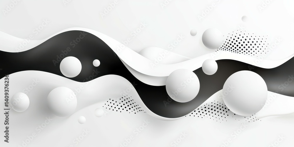 Poster abstract black and white design with smooth curves and spherical shapes.