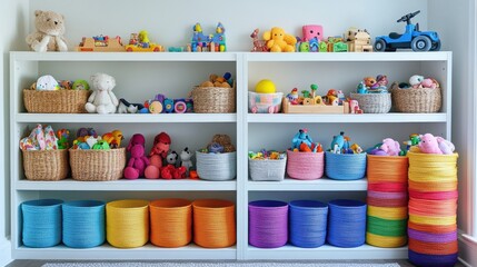 Colorful children's toy organization in a bright playroom with vibrant storage solutions