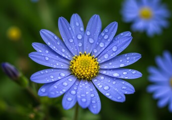 Obraz premium Close-up blue daisy with dew drops in a blurred green field.