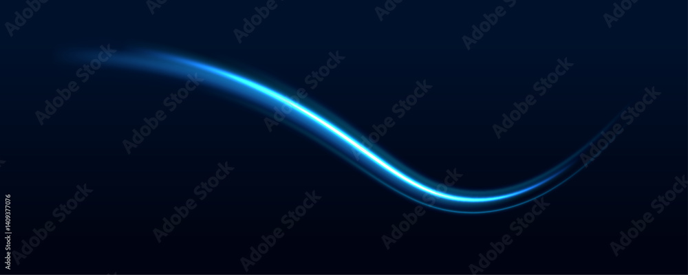 Poster a bright blue curve streaks across the image like a bolt of light. the neon line adds a sense of dyn