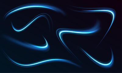 Long-exposure style light trails wind across a dark background, glowing with cool neon blue. They evoke speed, direction, and fluid movement. Ideal for motion and transport themes.