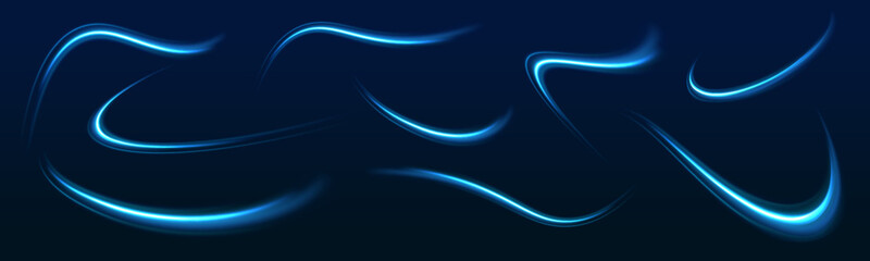 Blue glowing shiny lines. Neon color glowing lines background, high-speed light trails effect. Modern abstract high-speed light motion effect on black background.