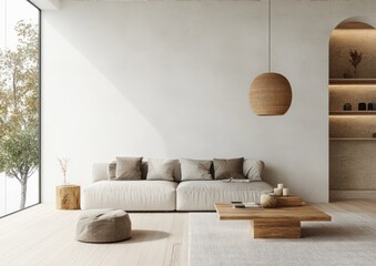 Scandinavian minimalist living room with gray velvet sofa, green cushions, ambient lighting, wicker basket plant, simple decor, and modern furniture