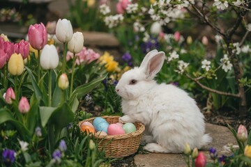 Easter bunny collects colorful eggs in a blooming garden spring celebration nature scene cheerful atmosphere