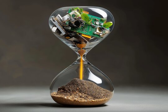 E-waste reduction recycle concept. Striking hourglass image with symbolic significance
