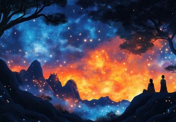 Stargazers admire cosmic colors over distant mountains