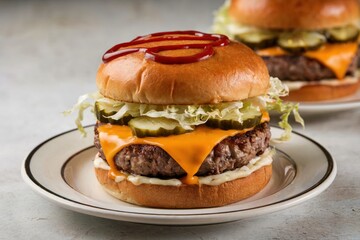 Delicious cheeseburger with fresh ingredients kitchen food photography warm lighting close-up culinary delight