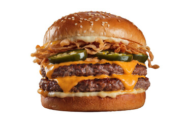 Indulging in a double cheeseburger fast food restaurant food photography indoor setting close-up perspective culinary delight transparent background