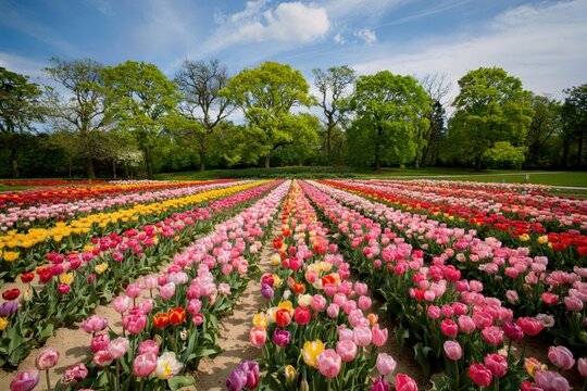 Vibrant tulip fields blooming in spring keukenhof gardens floral photography outdoor park aerial view nature's beauty