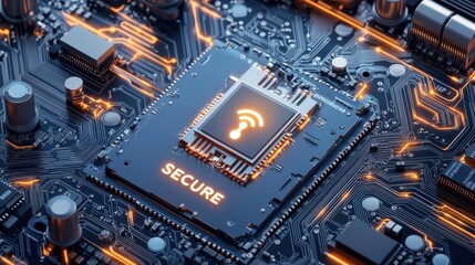 High-tech chipboard labeled "SECURE" with glowing encryption layers, symbolizing business protection and hardware integrity