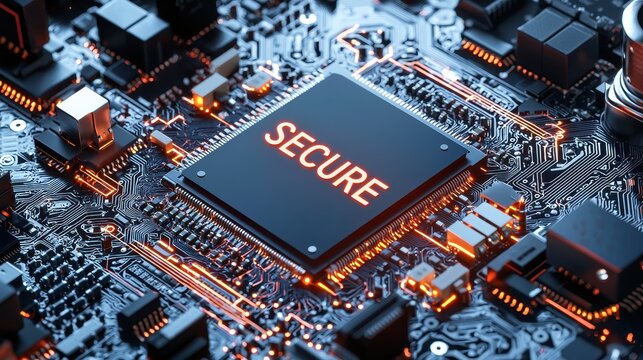 High-tech chipboard labeled "SECURE" with glowing encryption layers, symbolizing business protection and hardware integrit