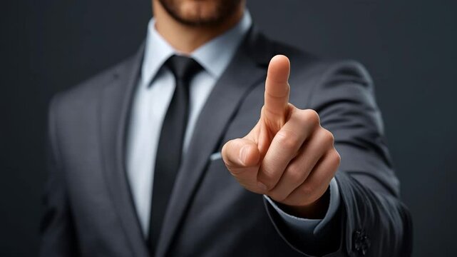 Man in Suit Pointing with Focus and Determination Formal Attire and Gesture Against Dark Background for High Contrast and Emphasis