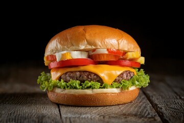 Delicious cheeseburger creation gourmet kitchen food photography rustic setting close-up culinary...
