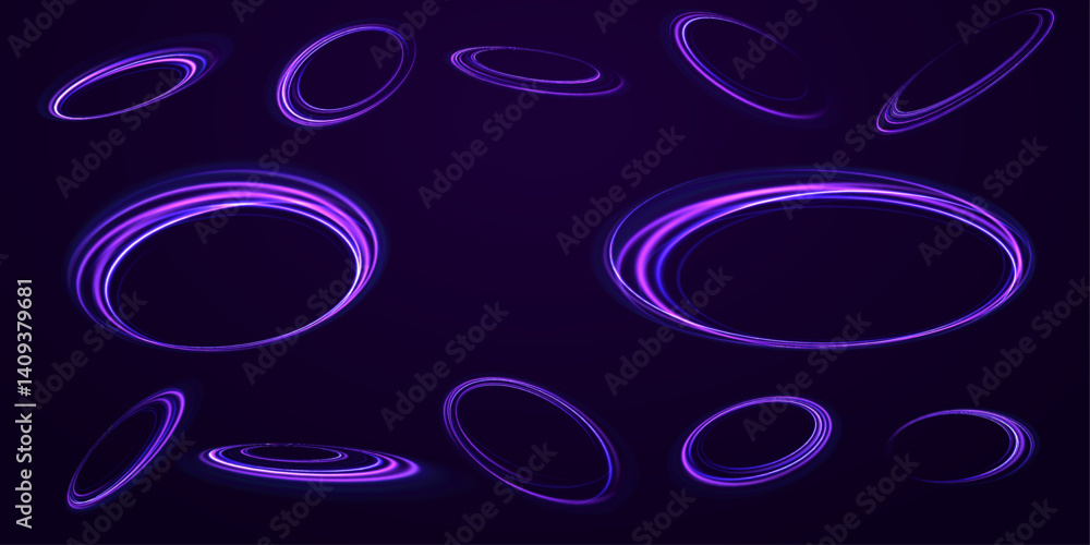 Poster radiant neon circles swirl through a dark space, creating a mesmerizing energy tunnel. glowing parti