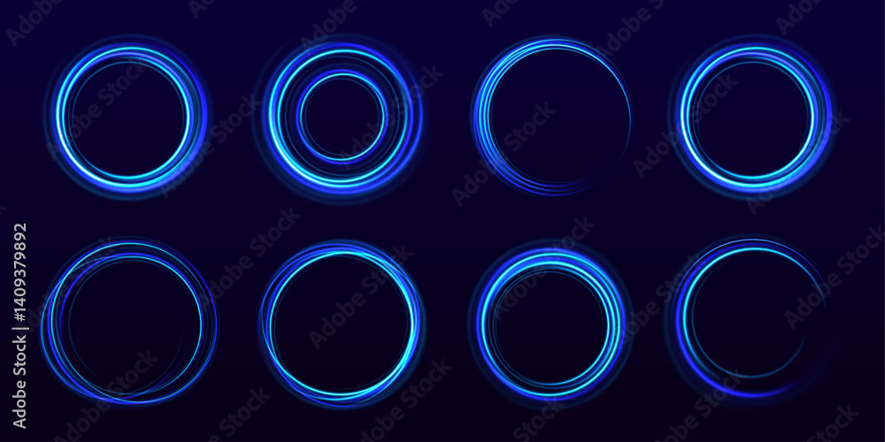 Poster radiant neon circles swirl through a dark space, creating a mesmerizing energy tunnel. glowing parti