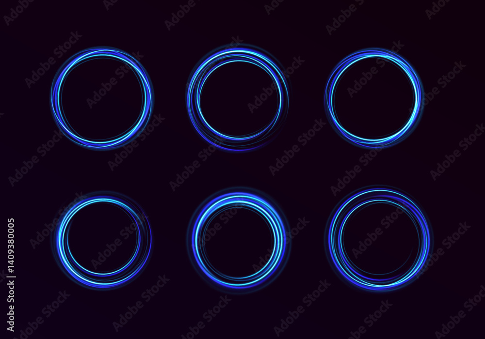 Poster circular lens rings pulse with shimmering light, blending 3d effects and glitter. transparent neon t