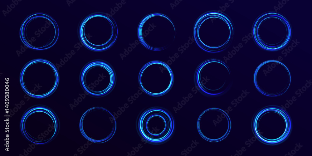 Poster radiant neon circles swirl through a dark space, creating a mesmerizing energy tunnel. glowing parti
