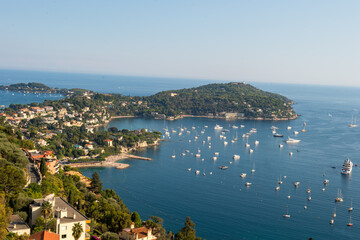 Fototapeta premium Mediterranean coastal town with harbor and boats. Sea landscape. Travel vacation