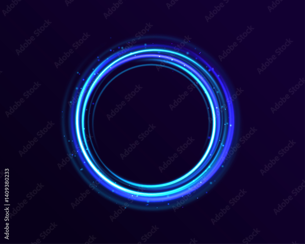 Poster looping neon circles orbit with glowing trails and transparent overlays. blurred motion adds a sense