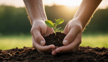 Close up photo of hands planting a sprout in the ground