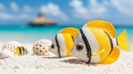 Obraz premium Colorful Tropical Fish on Sandy Beach with Clear Turquoise Water and Coral