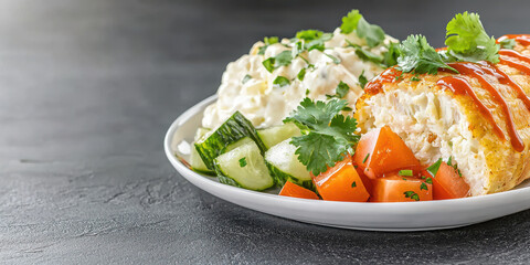Delicious plate of food featuring creamy roll, fresh cucumbers, and vibrant carrots garnished with herbs