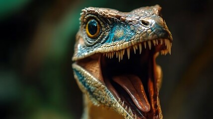 Fototapeta premium Close Up Portrait Of A Blue Dinosaur Head With Open Mouth And Detailed Texture