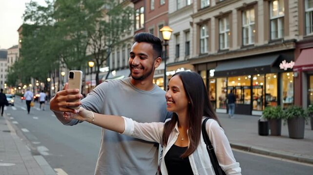 Titulo: Happy couple taking a selfie on a lively urban street