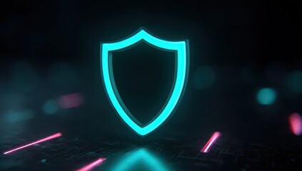 Fototapeta premium A glowing shield symbol representing digital security stands out against a dark, futuristic background filled with neon light streaks. This visual emphasizes themes of protection and technology