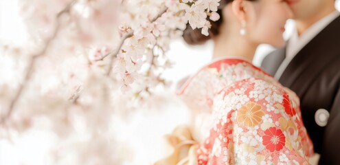 日本の伝統的な婚礼、満開の桜の下で誓う和風結婚式のイメージ