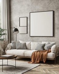 Scandinavian Minimalist Living Room Mockup Poster Frame in Hipster Interior Design with Soft Natural Lighting and Cozy Atmosphere