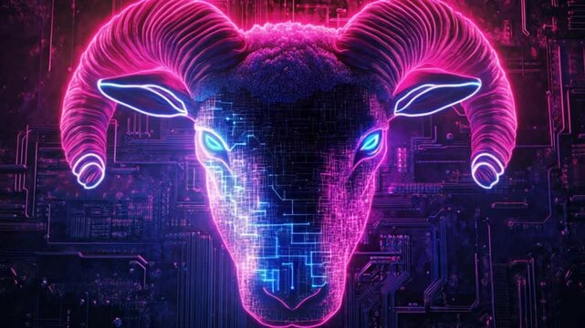 Neon Ram Head, Circuit Background, Digital Art, Tech Concept