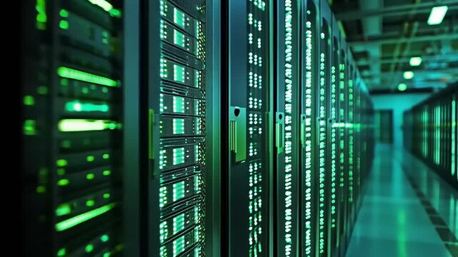 Server Room with Glowing Technology Equipment in Data Center