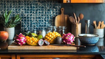 Tropical Fruit Arrangement on Rustic Wooden Countertop: Vibrant Dragon Fruit, Mango, Passion Fruit with Fresh Decorations in Modern Kitchen Design for Delightful Culinary Experience
