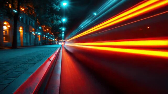 Motion blur from a high-speed car, supercar, light trails, abstract soft glowing lines on the street. Stop motion, transport hyperlapse. 