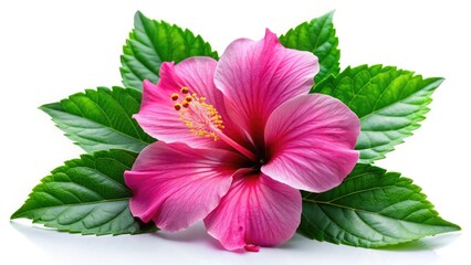 Close-up of a pink hibiscus flower, detailed petals and vibrant green leaves stand out against a clean white background.