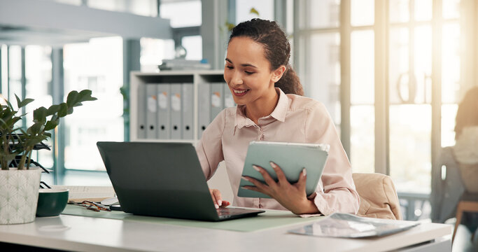 Finance, tablet or woman with laptop in office for financial record analysis, compliance verification or planning. Corporate, auditor or digital report for risk management, internal audit or business
