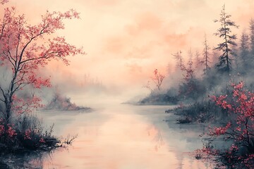 Naklejka premium Misty morning landscape with pink trees and fog.