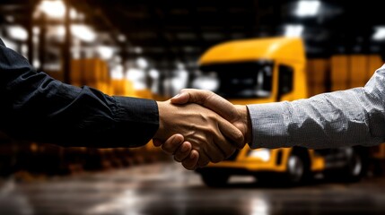 Business handshake in factory, deal with truck