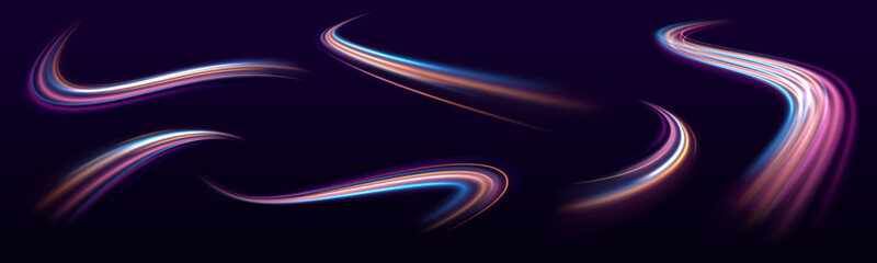 Racing cars flash dynamic lights on city roads at night. Long exposure effects show fast neon streaks and sparkling laser beams. Transparent background PNG vector. © MEDUZA