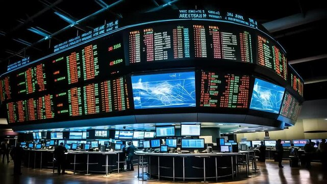 Stock market data displaying on multiple screens in trading room
