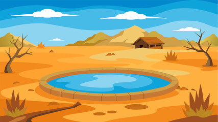 The lack of water in the farmyard pond served as a constant reminder of the harsh reality of drought for the farmers.. Vector illustration
