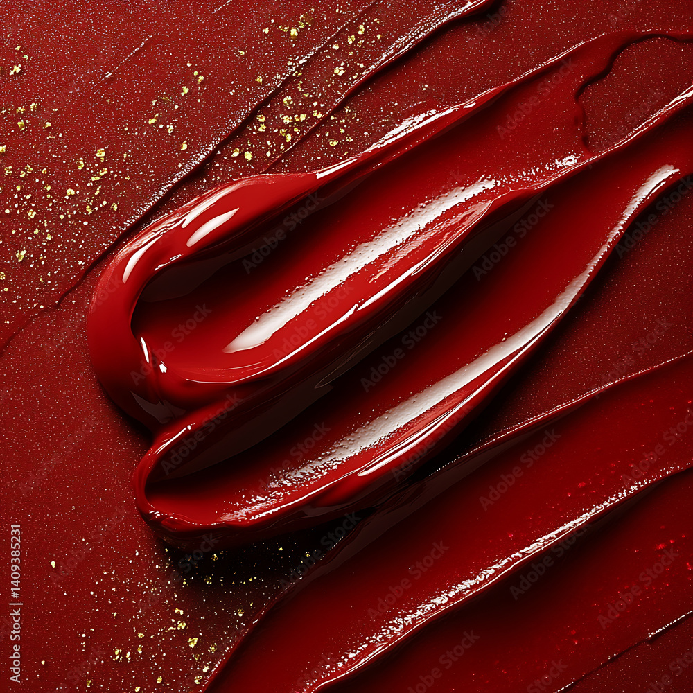 Poster rich red paint glistens on textured surface, showcasing smooth, flowing strokes that create artistic