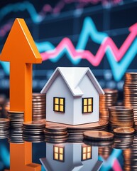 Real estate market growth concept with house model, stacked coins, and rising arrows against a stock market chart background symbolizing property investment and value increase
