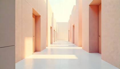 Corridor with Doors and Light Leading to an Exit