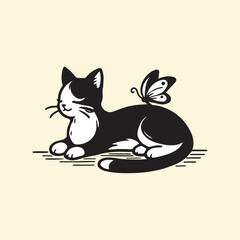 Cute Sleeping Cat with Butterfly on Tail – Vector Illustration