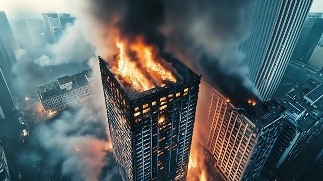 aerial view of office building fire. 4k video