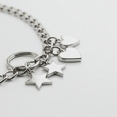 Ultra-realistic silver keychain with heart and star charms on a pure white background. Clean composition with space for text, perfect for web or marketing use.